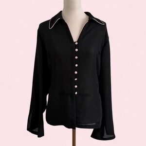 Emma James Black Blouse with Pink Trim & Buttons — Size 18
